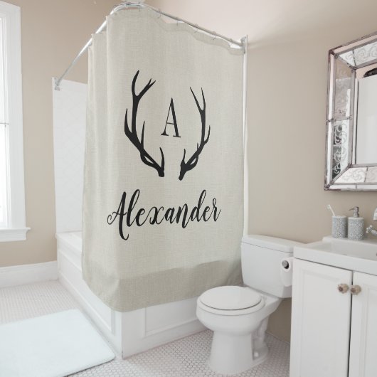Rustiek Beige Antler Monogram | Boerderij badkamer Douchegordijn (In situ)