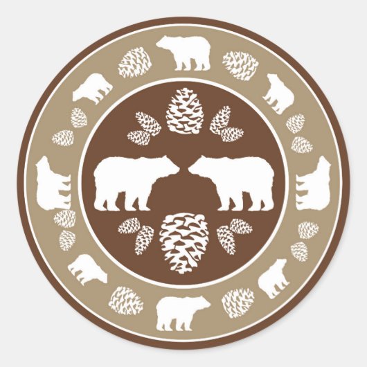 Rustiek beige bruin beer pinecone ronde stickers (Voorkant)