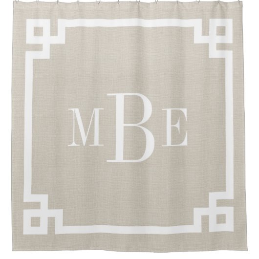Rustiek Beige Griekse Key Border Monogram | Boerde Douchegordijn (Voorkant)