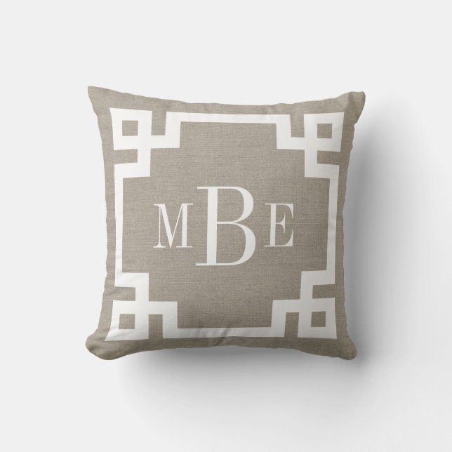 Rustiek Beige Griekse Key Border Monogrammed Kussen (Voorkant)