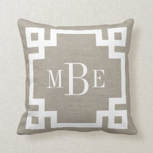 Rustiek Beige Griekse Key Border Monogrammed Kussen