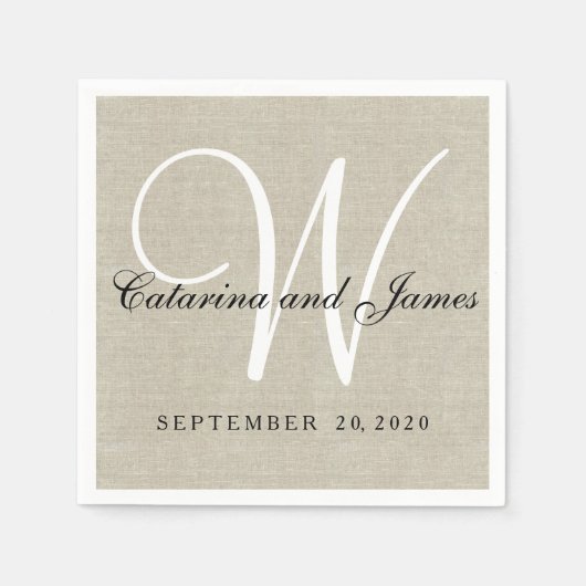 Rustiek Beige Linnen Monogram Trouwpapier Servette Servetten (Voorkant)