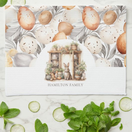 Rustiek Beige Pasen Konijn Familienaam Theedoek (Gevouwen)