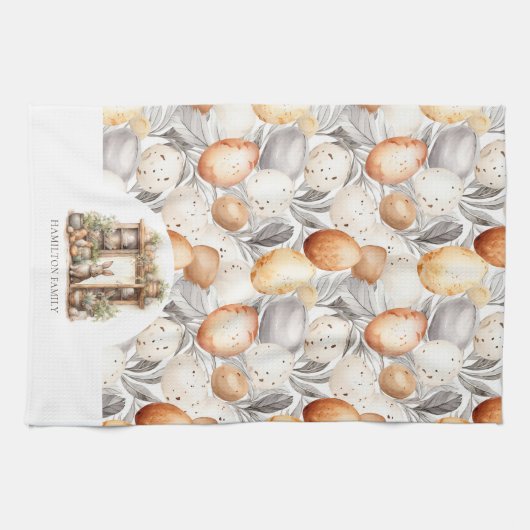 Rustiek Beige Pasen Konijn Familienaam Theedoek (Horizontaal)