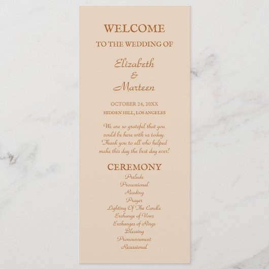 Rustiek Beige Terra Cotta Herfst Trouwprogramma Programmakaart (Voorkant)