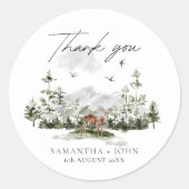 Rustiek Bergbos Boho Evergreen Bruiloft Ronde Sticker (Voorkant)