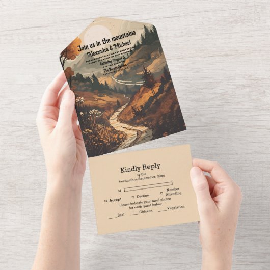 Rustiek Bergbos Evergreen Bruiloft All In One Uitnodiging (Afscheurbaar)