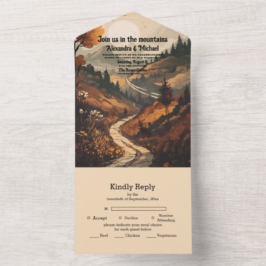 Rustiek Bergbos Evergreen Bruiloft All In One Uitnodiging (Binnen)