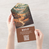 Rustiek Bergbos Evergreen Bruiloft QR Code All In One Uitnodiging (Afscheurbaar)