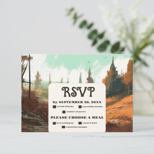 Rustiek Bergbos Evergreen Bruiloft RSVP Kaartje (Staand voorkant)