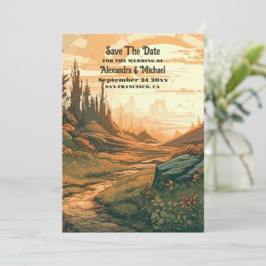 Rustiek Bergbos Evergreen Bruiloft Save The Date (Staand voorkant)
