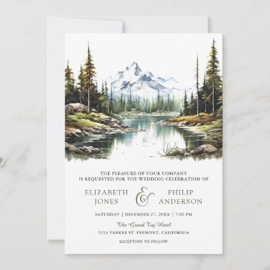 Rustiek Bergbos Lake QR Code Bruiloft Kaart (Voorkant)