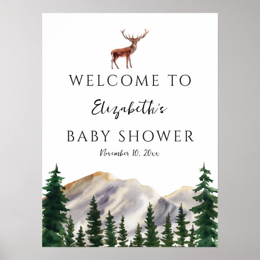Rustiek Bergen Herten Baby shower Welcomer teken Poster (Voorkant)