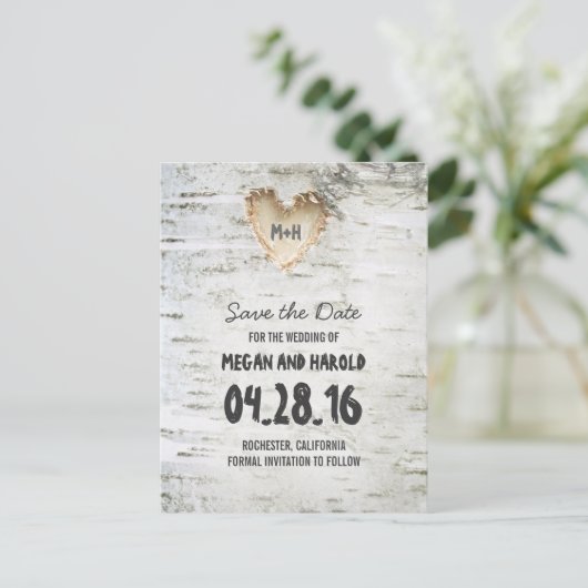 Rustiek Berken Bark Hart sparen de datum Aankondigingskaart (Staand voorkant)