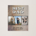 Rustiek Beste Papa Vaderdag 3 Foto Legpuzzel<br><div class="desc">Rustiek Best Dad Vaderdag 3 foto puzzel. Rustieke gestructureerde achtergrond en 3 familiefoto's - voeg 3 foto's en uw namen toe. Een mooie herinnering voor vader. Cadeau voor Vaderdag,  verjaardag of kerst.</div>
