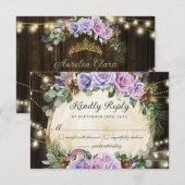 Rustiek betoverd bos Paarse bloemenquinceañera RSVP Kaartje (Voorkant / Achterkant)