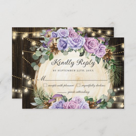 Rustiek betoverd bos Paarse bloemenquinceañera RSVP Kaartje (Voorkant / Achterkant)