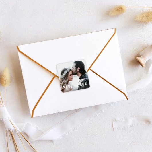 Rustiek Bewaar de datum Foto Bruiloft Favor Vierkante Sticker