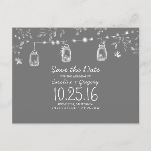 Rustiek Bewaar de datum met Fireflies Mason Jars Aankondigingskaart (Voorkant)