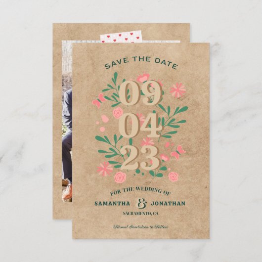 Rustiek Bewaar de datum met foto Unieke bruiloft Save The Date (Voorkant / Achterkant)