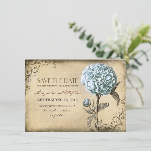  rustiek Bewaar de datumkaart met Blue Peony Save The Date (Staand voorkant)