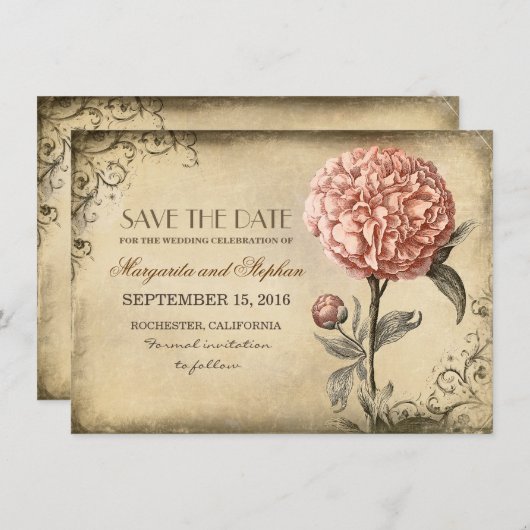  rustiek Bewaar de datumkaart met roze pioen Save The Date (Voorkant / Achterkant)