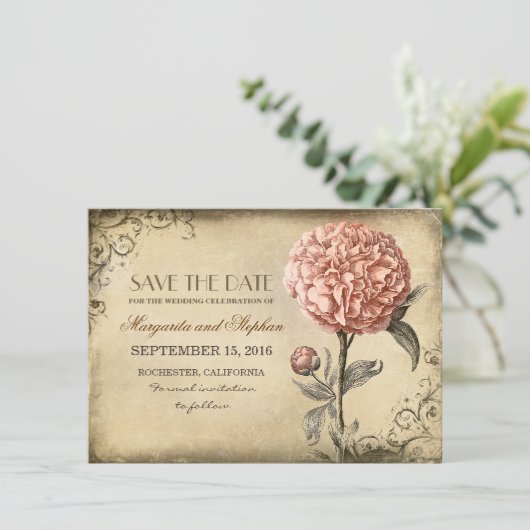  rustiek Bewaar de datumkaart met roze pioen Save The Date (Staand voorkant)