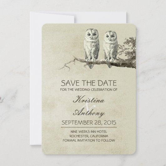 rustiek bewaar de datumkaarten met OWL paar Save The Date (Voorkant)