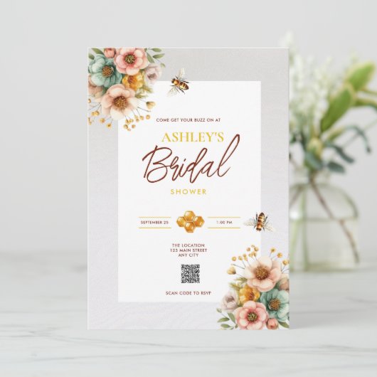 Rustiek Bijen Thema QR Code Bruids Douche Uitnodig Kaart (Staand voorkant)
