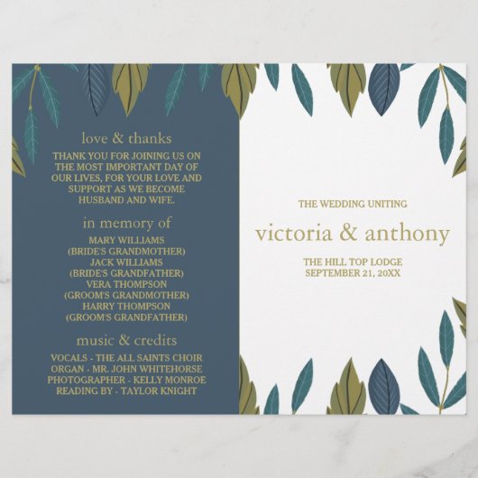 Rustiek Blad Bloemen Bruiloft Bi-Fold Programma (Voorkant)