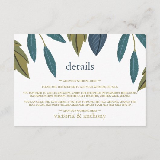 Rustiek blad Bloemen Bruiloft Detail Informatiekaartje (Voorkant)