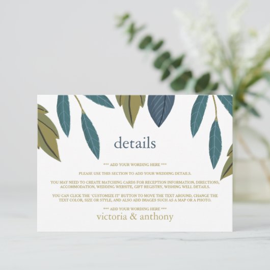 Rustiek blad Bloemen Bruiloft Detail Informatiekaartje (Staand voorkant)