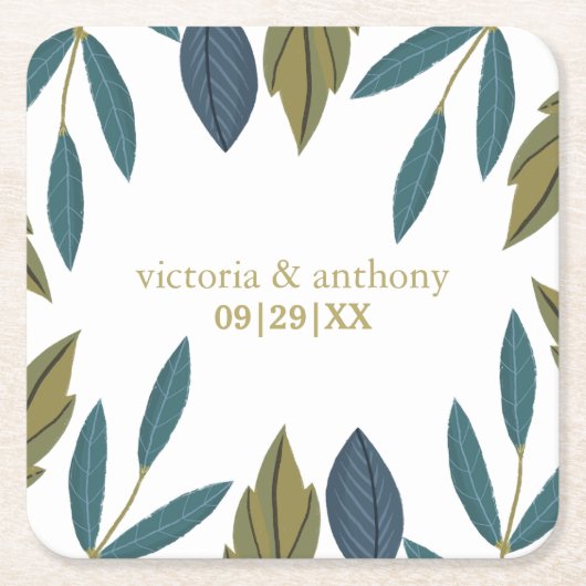 Rustiek blad bloemenbruiloft kartonnen onderzetters (Voorkant)