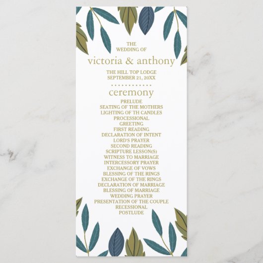 Rustiek blad bloemenbruiloft programmakaart (Voorkant)