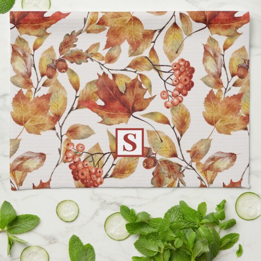 Rustiek blad herfst monogram theedoek (Gevouwen)