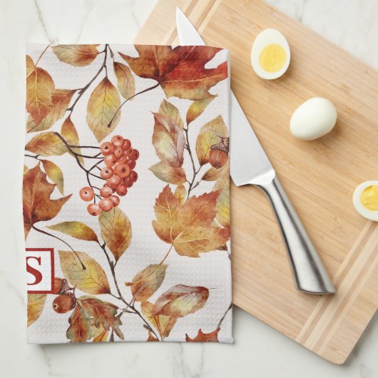 Rustiek blad herfst monogram theedoek (Quarter Fold)