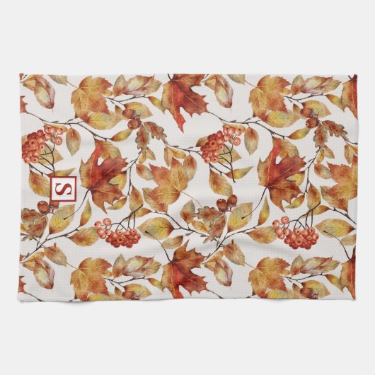 Rustiek blad herfst monogram theedoek (Horizontaal)