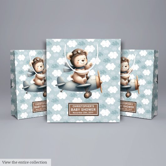 Rustiek Blauw Baby shower Gift Bag met Beer Pilot Medium Cadeauzakje