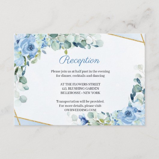 Rustiek Blauw Bloemen Goud Lijst Bruiloft Receptie Informatiekaartje (Voorkant)