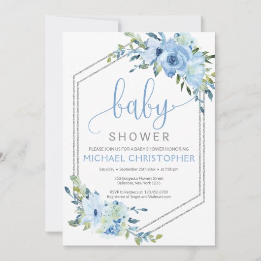 Rustiek Blauw Bloemen Jongen Baby shower Uitnodigi Kaart (Voorkant)