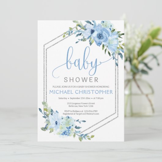 Rustiek Blauw Bloemen Jongen Baby shower Uitnodigi Kaart (Staand voorkant)