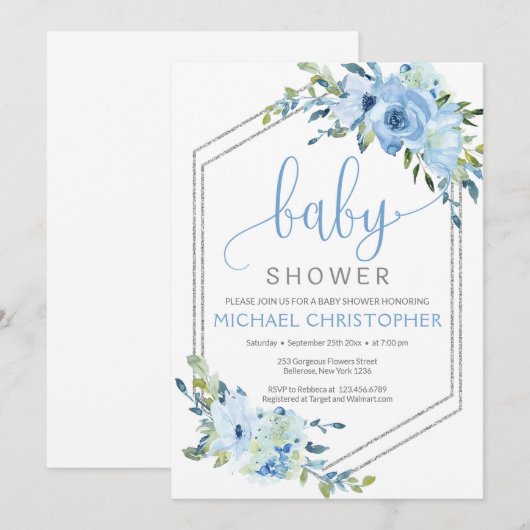 Rustiek Blauw Bloemen Jongen Baby shower Uitnodigi Kaart (Voorkant / Achterkant)
