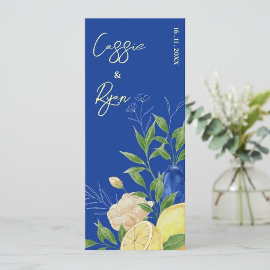 Rustiek Blauw Bloemen Lemon Zomer Huwelijksprogram Kaart (Staand voorkant)