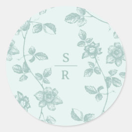 Rustiek Blauw Bloemen Monogram Bruiloft Ronde Sticker