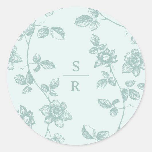 Rustiek Blauw Bloemen Monogram Bruiloft Ronde Sticker (Voorkant)