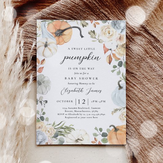 Rustiek Blauw Bloemen Pompoen Jongen Baby shower Kaart