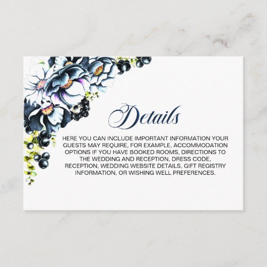 Rustiek Blauw Bloemen Trouwdetails Informatiekaartje (Voorkant)