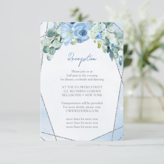 Rustiek Blauw Bloemen Zilver Lijst Bruiloft Recept Informatiekaartje (Staand voorkant)