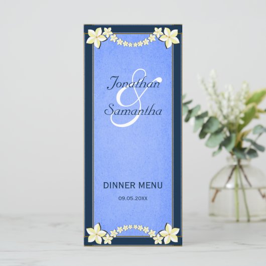 Rustiek Blauw Bloemenbruiloft Diner Menu Kaarten (Staand voorkant)