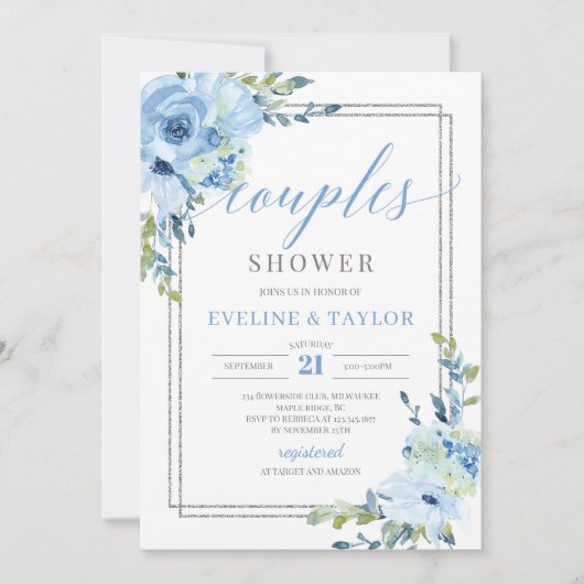 Rustiek blauw bloemenzilver lijst koppels douche kaart (Voorkant)